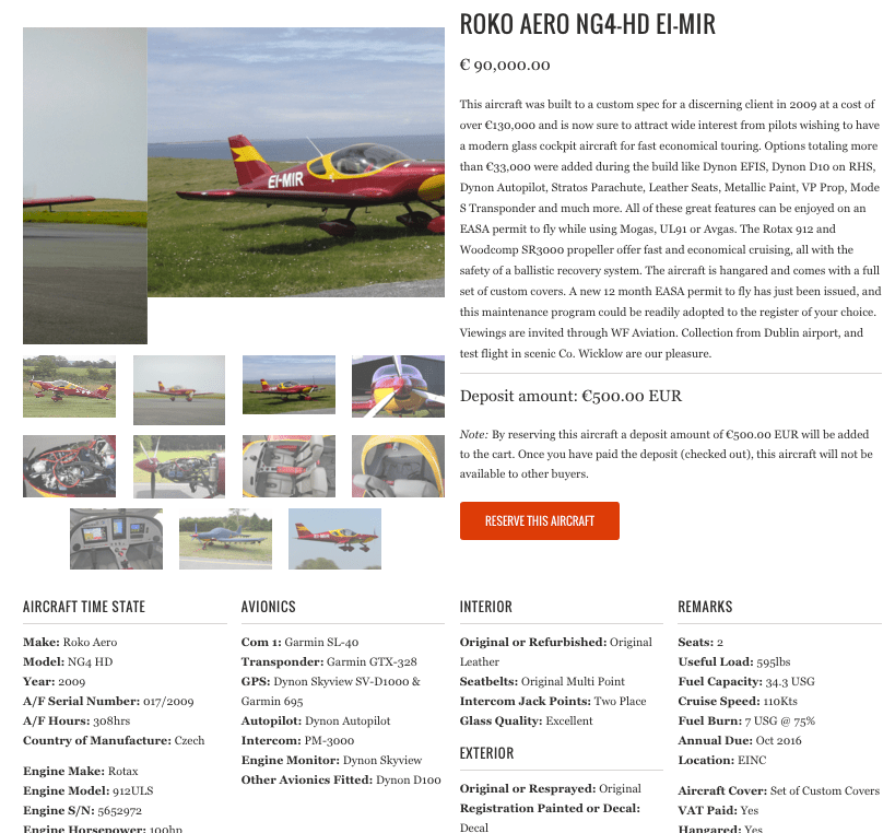 The Aircraft sales page on wfaviation dot com